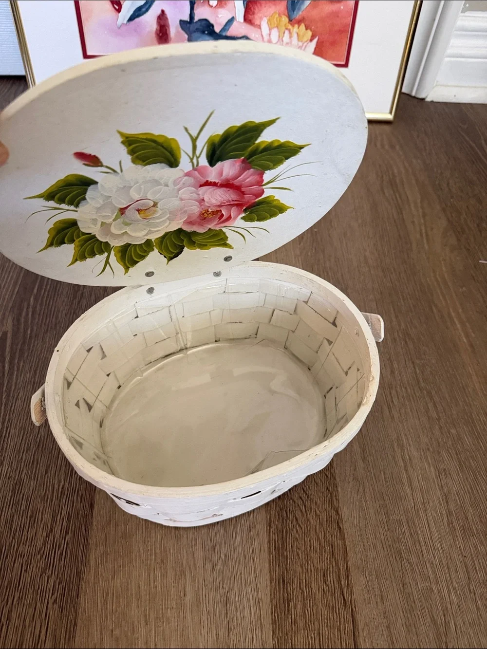 Cottagecore White Floral wooden Wicker Basket purse